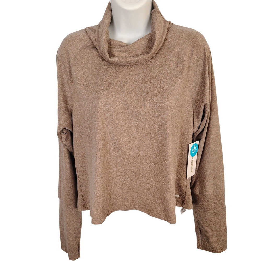 Marika Dry-Wik Cowl Neck Pleated Back‎ Pullover Top Heather Deep Taupe Large NEW